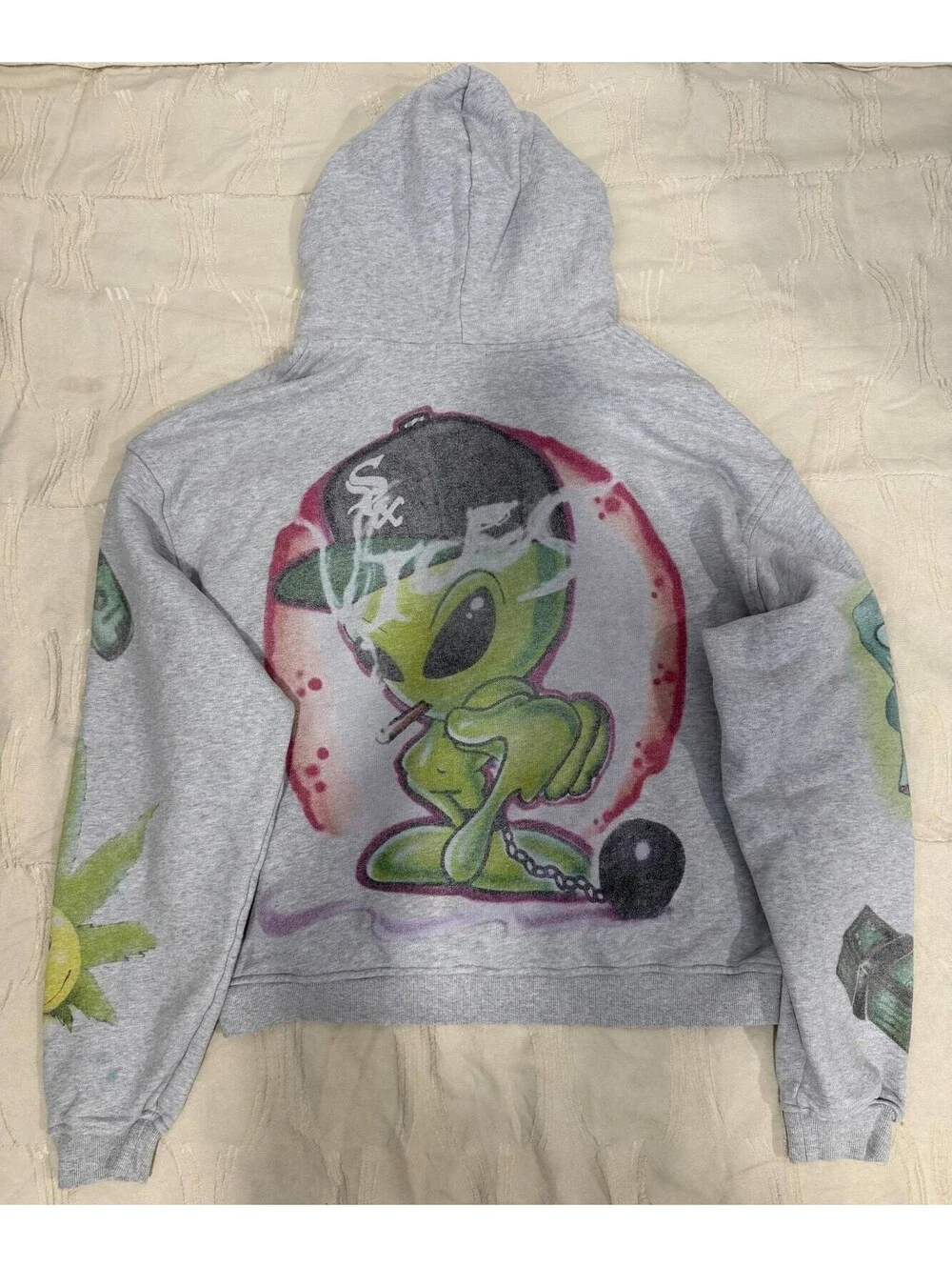 7S XL Graphic Sweatsuit Alien Airbrush Hoodie Wide Leg Pants Y2K Distressed Set